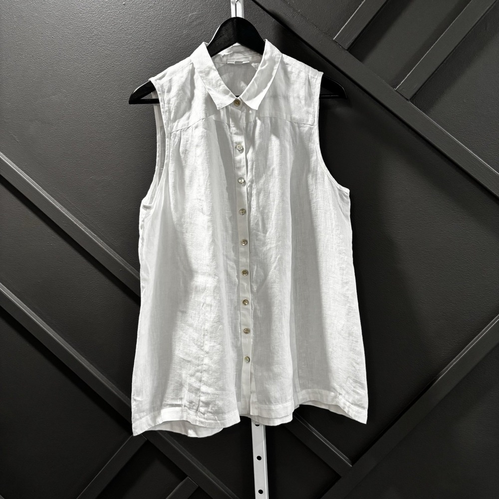 J.Jill Love Linen White Sleeveless Button Front Shirt Blouse Size Petite Large